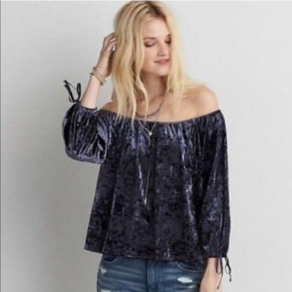 American Eagle Outfitters Tops - American Eagle Navy Velvet Off Shoulder Top—L
